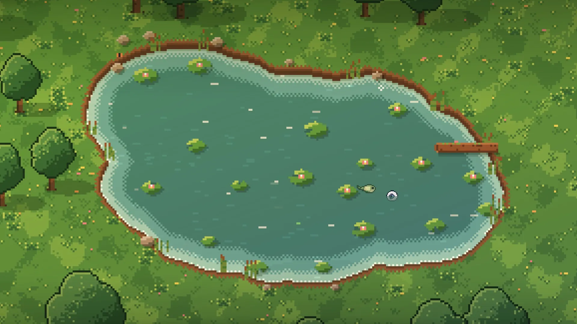 Tadpole's pixel-art pond, where each skill you're learning lives as a growing tadpole